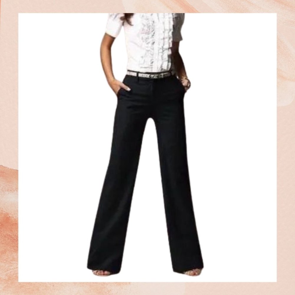 Black Wool Wide Leg Cuffed Dress Career Slacks